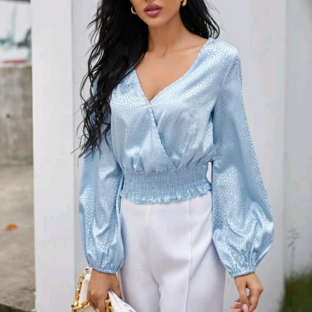 Lanturn sleeve Shirred Hem Jacquard Top